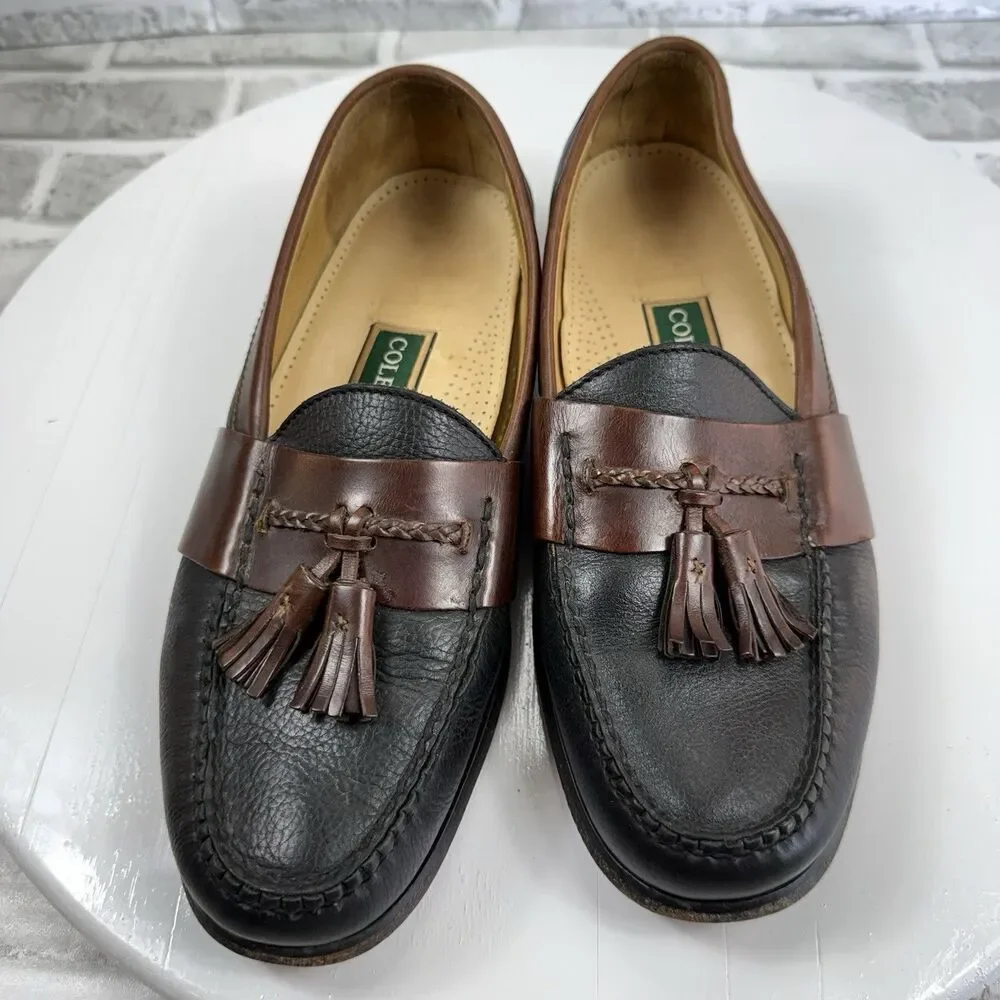 Cole Haan Men's 9 Black Brown Leather Slip Kiltie Tassel Loafer Casual Shoes